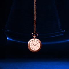 Hypnosis session. Vintage pocket watch with chain swinging over surface on dark background among...