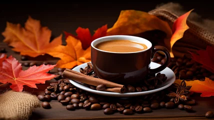  Coffee cup latte, espresso, milk foam decorated with autumn maple yellow red leaves, coffee beans roasted on a table copy space banner. © Alina Nikitaeva
