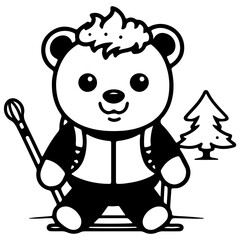Cute bear outline vector illustration, skiing