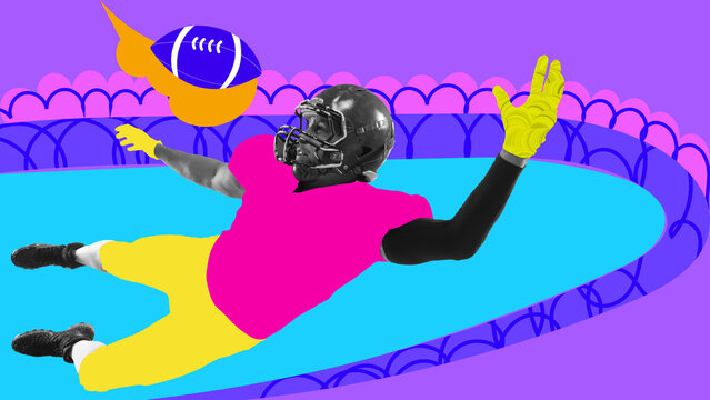 Gridiron. Contemporary artwork. American football player dressed drawed uniform, catching pass in air over painted bright background