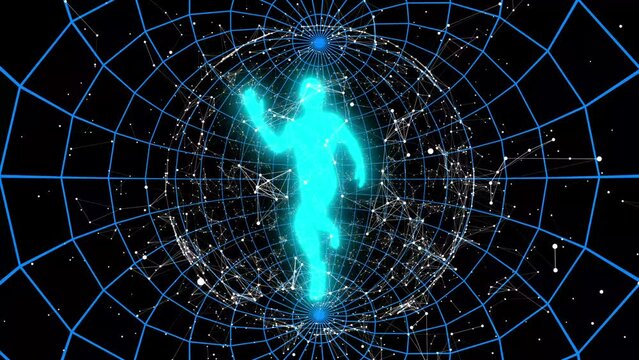Blue luminous man rotating in world geometric space. Seamless loop.