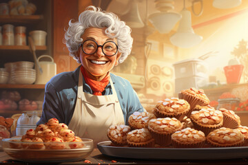 Illustration of a friendly old lady baking pastry - obrazy, fototapety, plakaty