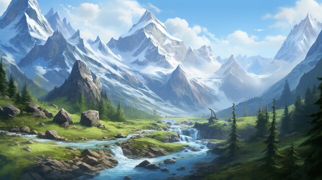  a painting of a mountain landscape with a river running through it.  generative ai