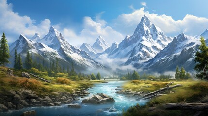 Naklejka na ściany i meble a painting of a mountain range with a river running through it. generative ai