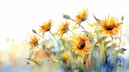 sunflowers watercolor on a white background, summer flowers.