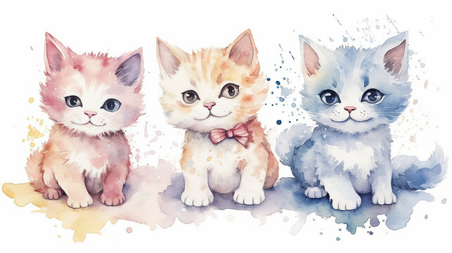 multicolored watercolor cats on a white background isolated.  AI