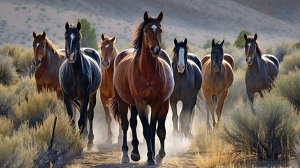 Horse herd run on pasture against beautiful landscape. cool running horses