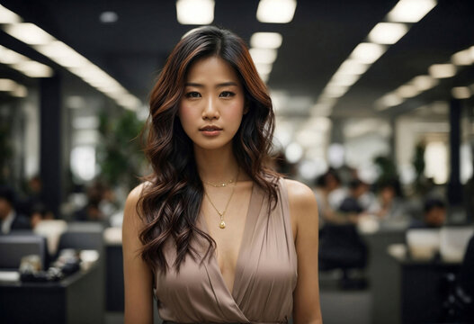 Bella giovane donna asiatica con capelli lunghi in un moderno ufficio open space con abito elegante