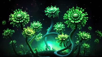 Fototapeta na wymiar Flowers glowing green in the universe. Neon effect. Abstract fantasy fractal design for postcard, t-shirt, wallpaper. AI Illustration of green magic flower..