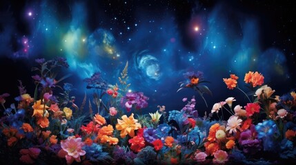 Fototapeta na wymiar Flowers in glowing cosmic forest or garden landscape. Fantasy fairy tail abstract blossoming alien flowers with galaxy space Universe. Floral magical galaxy background. AI illustration digital art..