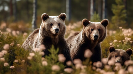 She bear and bear cubs in the summer forest on the bog among white flowers. Natural Habitat