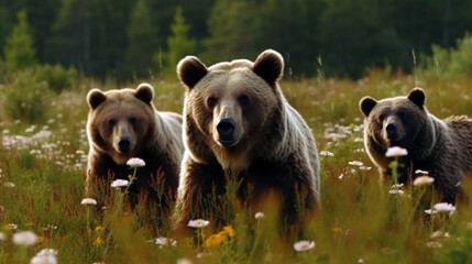 She bear and bear cubs in the summer forest on the bog among white flowers. Natural