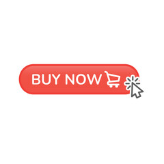 Buy now button with cursor arrow click. Vector 3d effect icon.