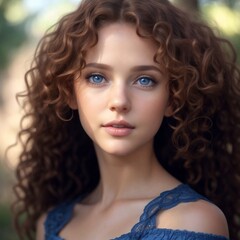 A girl with curly brown hair and blue eyes. Portrait woman 