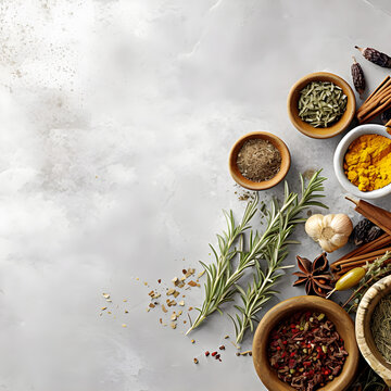 spices and herbs on wooden table