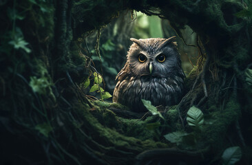 Owl is hiding in spooky forest realistic photo character generative AI illustration. Animals in the woods concept