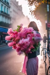 Fototapeta premium A woman is holding a bouquet. Girl with flowers. Generative Ai.