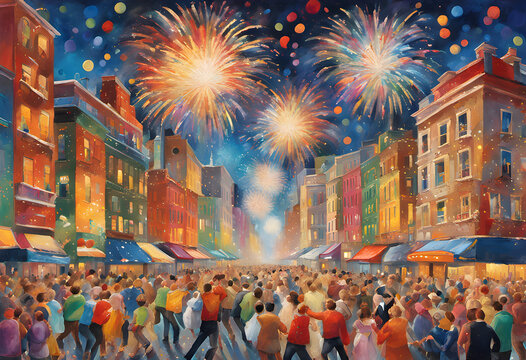 Greeting card Happy New Year,Christmas,Anniversary,Celebrate success of the large people in the city,Concept of togetherness,friendship,happiness sparklers on festive firework background,Generative AI