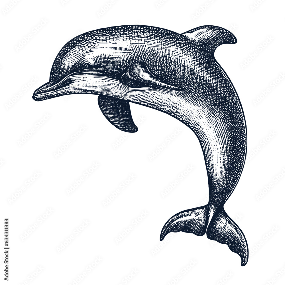 Wall mural dolphin crosshatch style illustration 