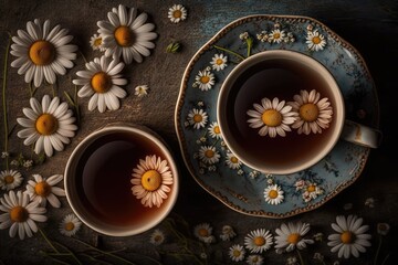 Fototapeta na wymiar Cups of tea and beautiful flowers. Refined vintage dishes. Generative Ai