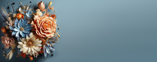 Blue banner with floral border of flowers decoration.   Generative ai