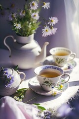 Cups of tea and a bouquet of beautiful flowers. Refined vintage dishes.