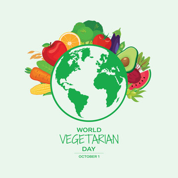 World Vegetarian Day poster with green planet earth vector illustration. Healthy foods, fruits, vegetables icon vector. World globe with fruits and vegetables design element. October 1 every year