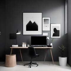 minimalist home office setup showcasing a sleek black desk a modern laptop and artwork on wall
