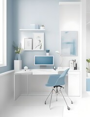 minimalist workspace featuring sleek modern furniture and a calming color palette of white blues