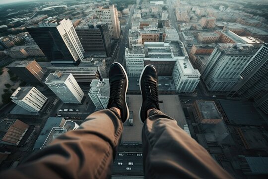 Rooftopper Looking Down Photo: Thrilling View from Man Sitting on Rooftop Edge

 Generative AI