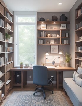 home office space with a cozy work nook nestled amidst bookshelves family photos and soft lighting