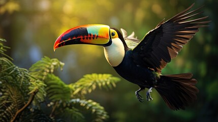 Fototapeta premium a toucan bird with a colorful beak flying through the air. generative ai