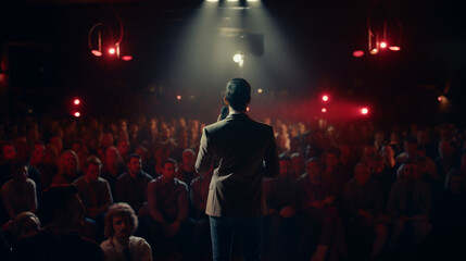 male stand-up comedian performing at a theatre in front of a crowd with spotlights