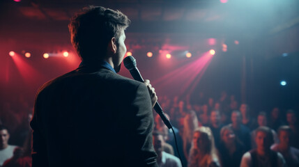 male singer performing in front of a crowd in a hall with spot lights