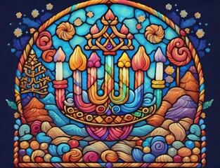 Visual portrayal of a Hanukkah menorah emblem with colored stained glass, appropriate for traditional Chanukah symbol menorah candles lights colorful pattern. Created with generative AI tools