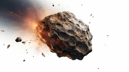 huge flying asteroid moving down fast catching mid-air fire, isolated on white