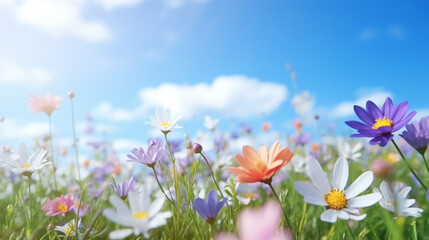 Beautiful landscape with sunrise and blossoming meadow. colorful flowers blooming on spring field