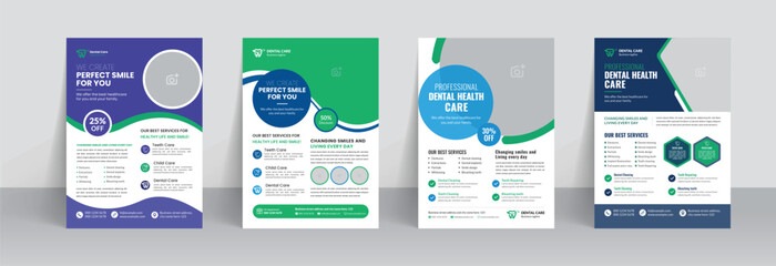 Dental care service flyer template and professional medical healthcare leaflet design with dentist poster - obrazy, fototapety, plakaty