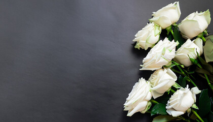 Fresh, white roses on black, dark background. Condolence card. Empty place for emotional,...