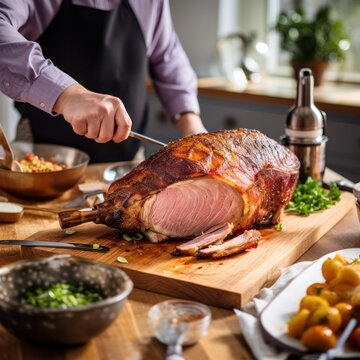 lifestyle photo roast pig pork being cut for dinner