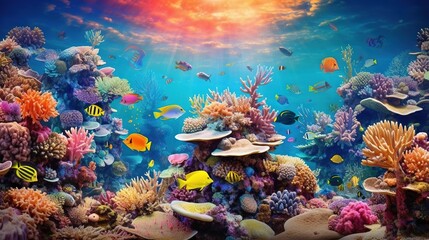  an underwater scene with corals and fish in the water.  generative ai