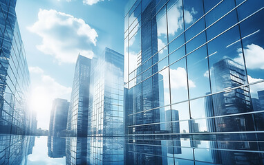 Fototapeta premium business office building. The surrounding buildings, blue sky and white clouds are reflected in the window glass of the skyscraper.