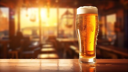 Beer glass on the counter freshly tapped. Gas with fresh cold beer and foam. View into the pub. Window with great sunlight. Mock up template for product presentation. Copy text space.