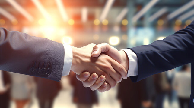 two businessmen haking hands on a deal with blurred office background