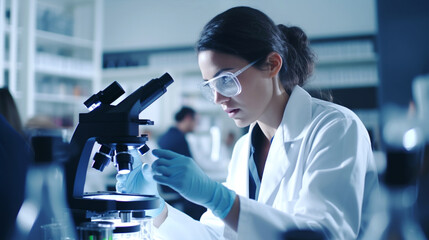 cute female scientist analyzing a sample in the lab under a microscope 