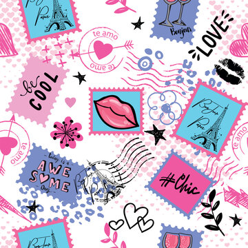 Girls seamless pattern with post stamp, calligraphic slogan, hearts, words  . background for texylie, graphic tees, kids wear. Wallpaper for teenager girls. Fashion style