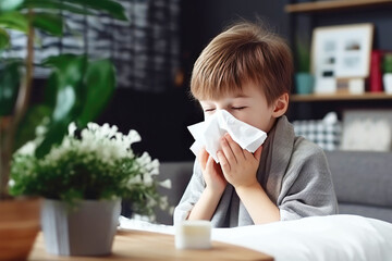 A little kid indoors, using a tissue for his runny nose. Childhood sickness during the flu season