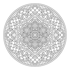 Isolated black mandala in vector. Round flower line unpainted pattern. Vintage monochrome element for coloring pages and design