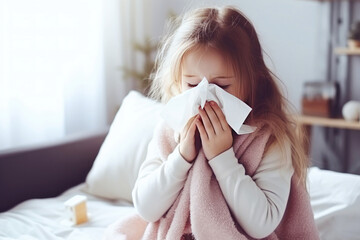 Girl at home, dealing with a runny nose using a handkerchief. Seasonal health issues, childhood flu - obrazy, fototapety, plakaty