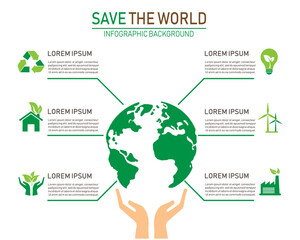 green ecology infographic element. save the world environment concept. vector illustration flat design. isolated on white background. can used for workflow layout, diagram. Hands holding earth globle.